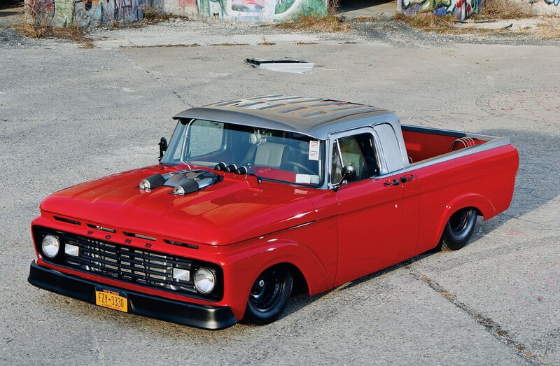 Red Custom Pickup Truck — Dramatic, Afternoon, Photograph, Graffiti Wall