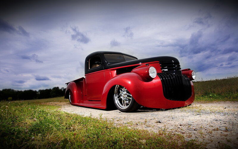Red Custom Pickup Truck — Dramatic, Afternoon, Photograph