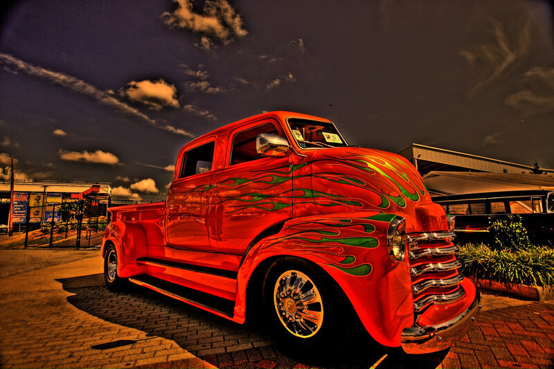Red Custom Pickup Truck — Dramatic, Night