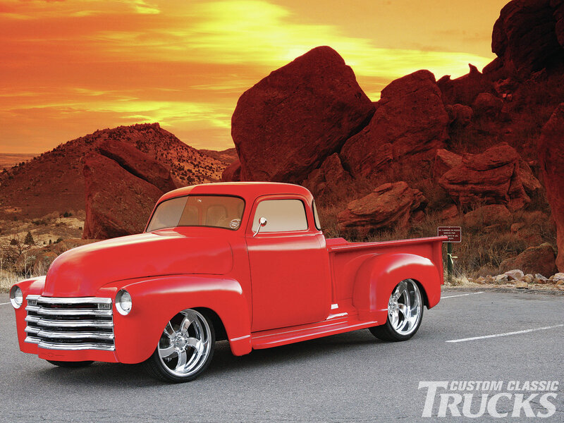 Red Custom Pickup Truck — Dramatic, Sunset, Photograph, Rocks