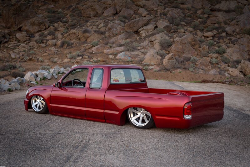 Red Custom Pickup Truck — Dramatic, Sunset, Photograph, Rocky Hillside