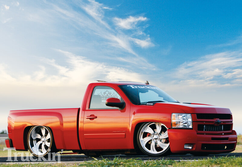 Red Custom Pickup Truck — Dramatic, Sunset, Photograph, Sky