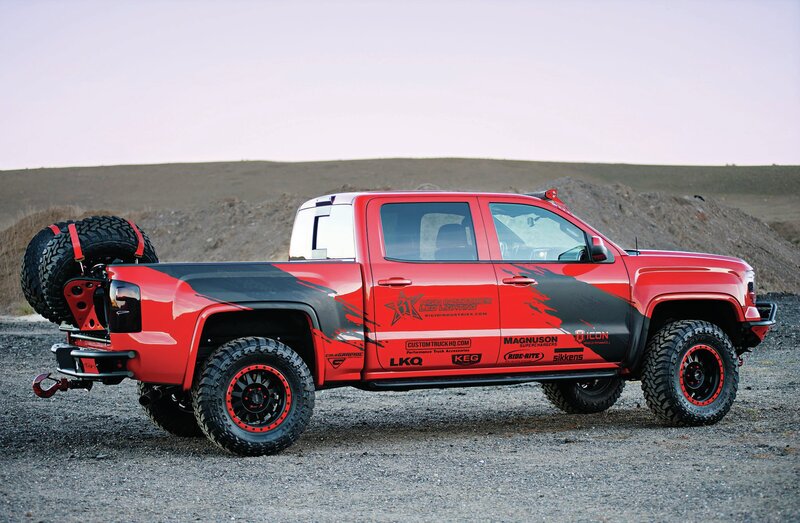 Red Custom Pickup Truck — Dramatic, Sunset, Photograph, Tires