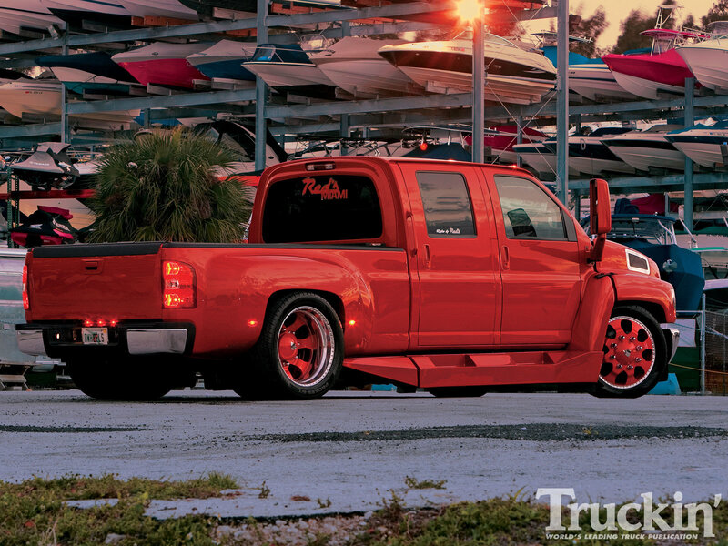 Red Custom Pickup Truck — Dramatic, Sunset