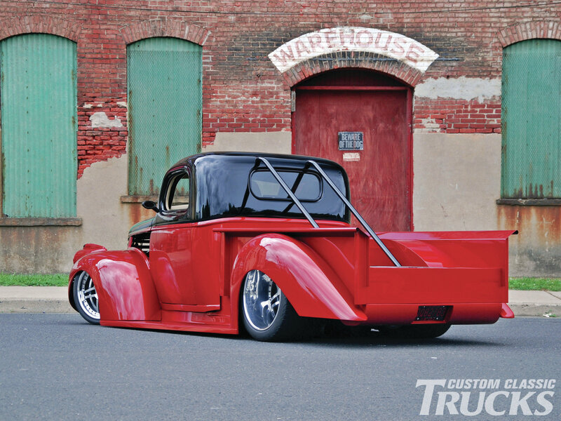 Red Custom Pickup Truck — Industrial, Afternoon, Photograph