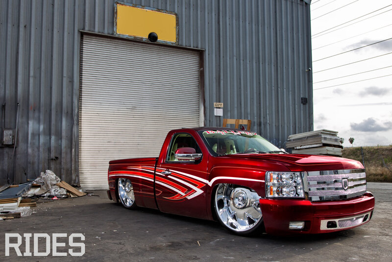 Red Custom Pickup Truck — Industrial, Afternoon