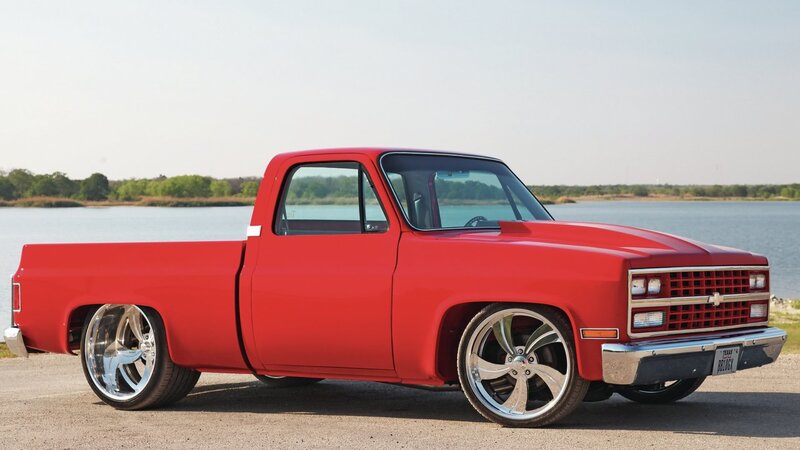 Red Custom Pickup Truck — Serene, Afternoon, Photograph, Lake