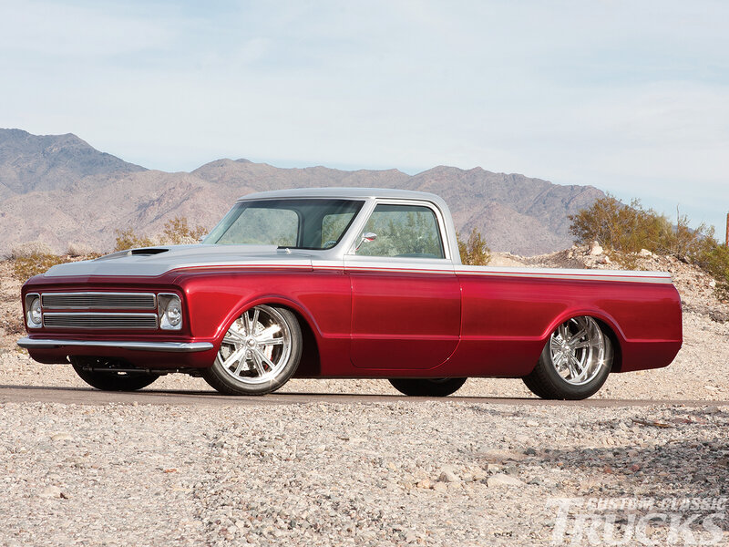 Red Custom Pickup Truck — Serene, Afternoon, Photograph, Mountains