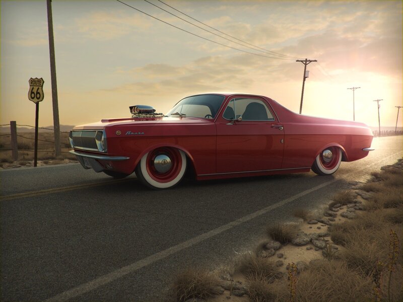 Red Custom Pickup Truck — Serene, Sunset, 3d Render, Route 66 Sign, Power Lines
