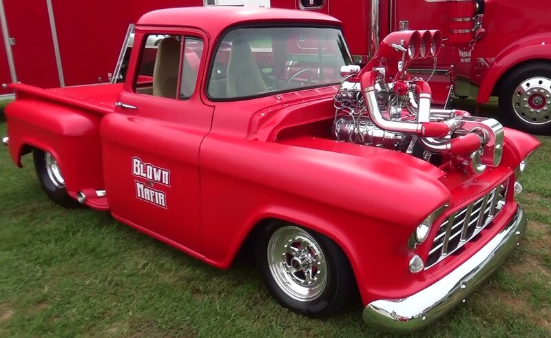 Red Custom Pickup Truck — Showcase, Afternoon, Photograph, Engine