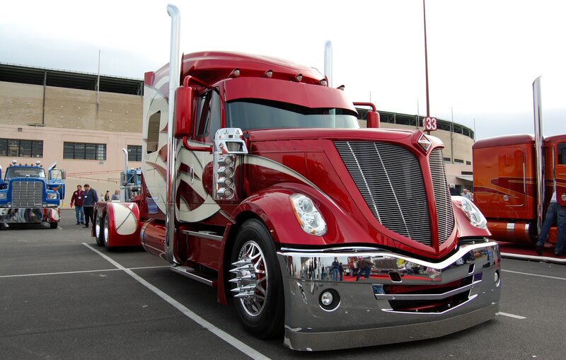 Red custom semi-truck on display