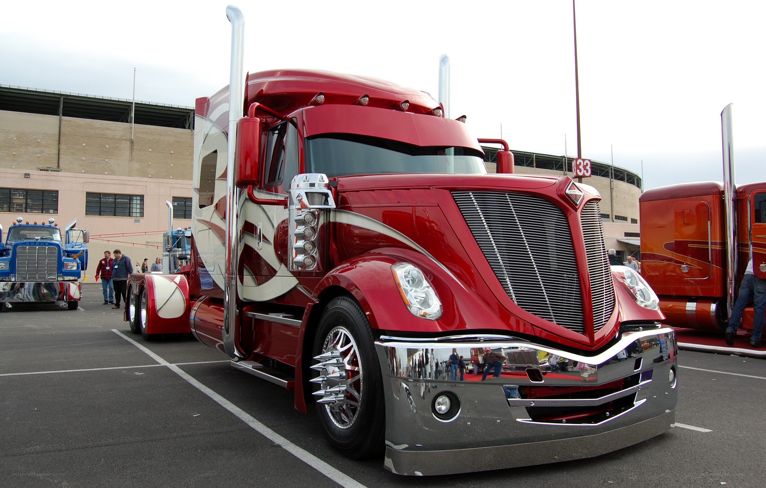 Red custom semi-truck on display