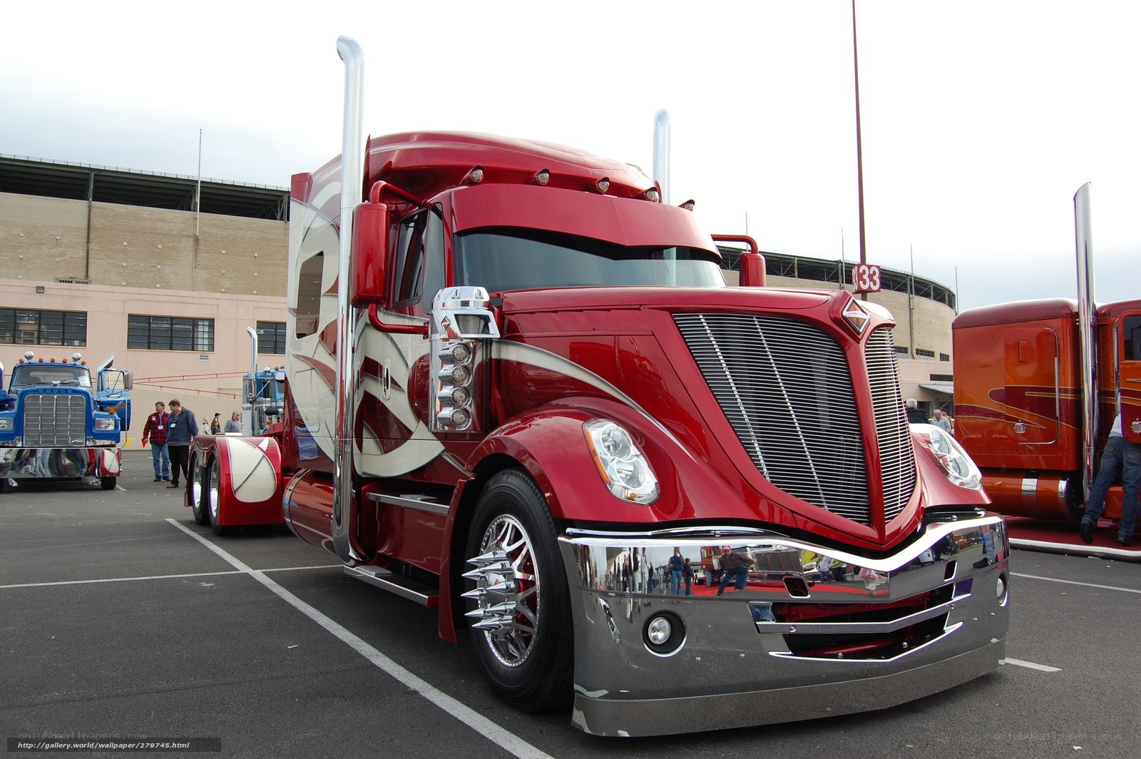 Red custom semi-truck on display