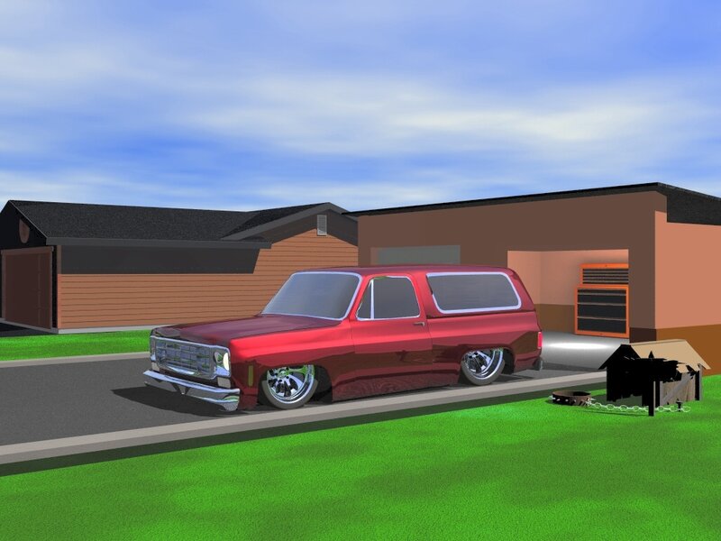 Red custom truck in driveway