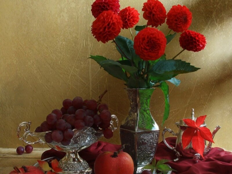 Red Dahlias and Fruit
