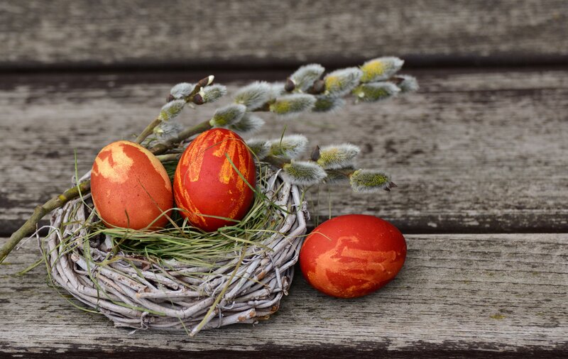 Red Decorated Eggs in Nest