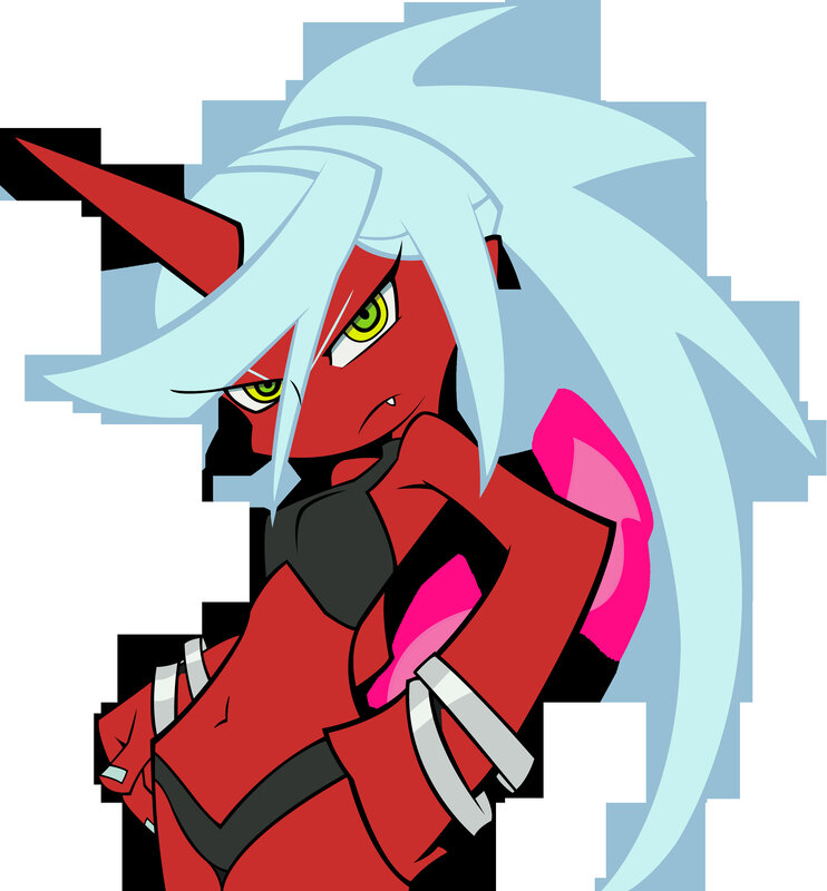 red demon character with light blue hair