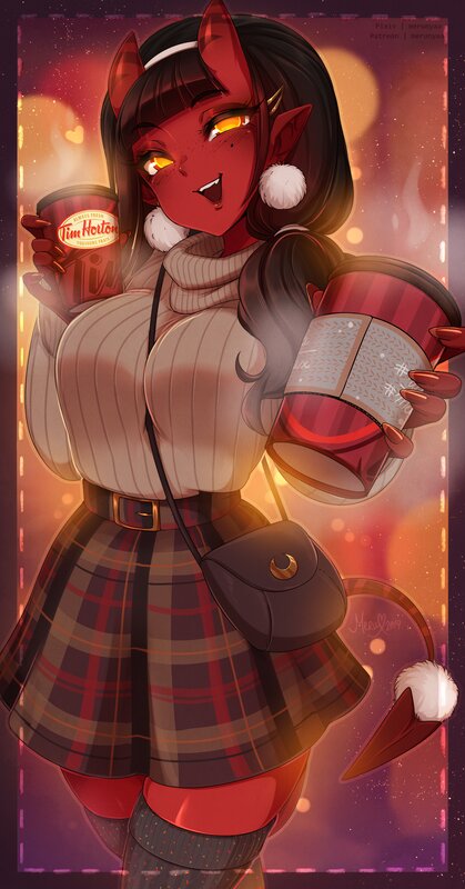 Red Demon Girl Holding Coffee