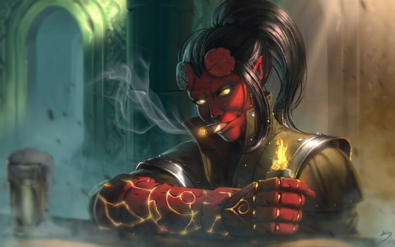 Red Demon Smoking Cigar