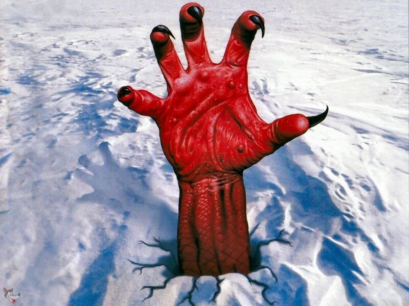 red demonic hand from snow
