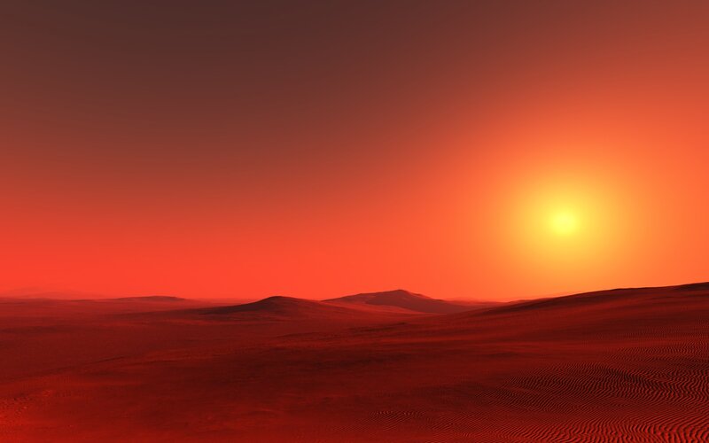 Red Desert Landscape — Dramatic, Sunset, 3d Render, Sand Dunes, Sun, Sky