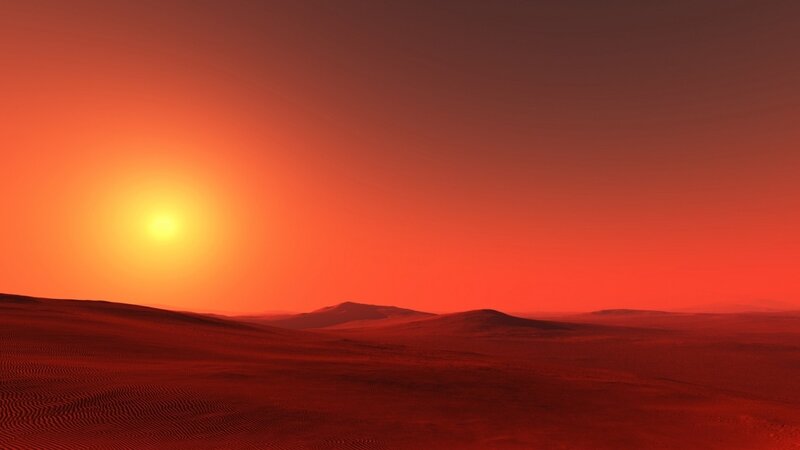 Red Desert Landscape — Dramatic, Sunset, 3d Render, Sun, Dunes, Sky