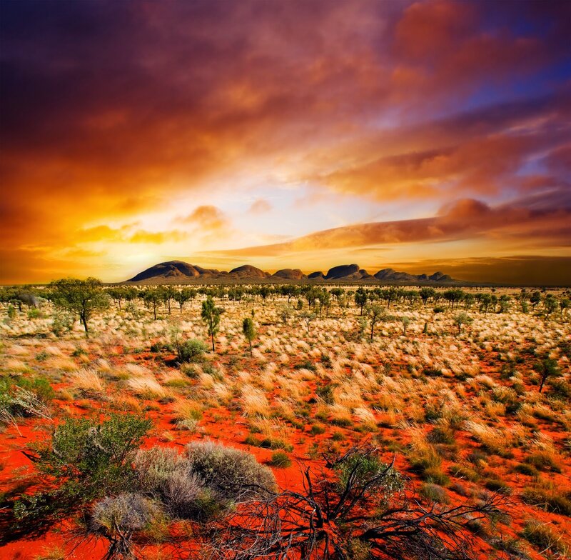 Red Desert Landscape — Orange, Dramatic, Sunset, Photograph, Mountains, Sky