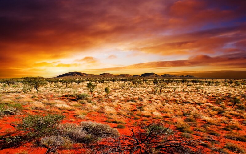 Red Desert Landscape — Orange, Dramatic, Sunset, Photograph, Mountains, Sky, Trees