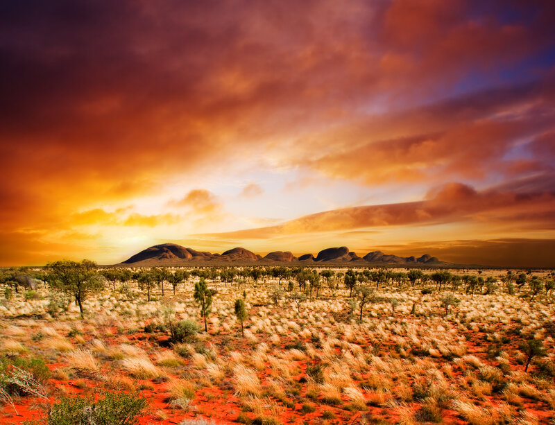 Red Desert Landscape — Orange, Dramatic, Sunset, Photograph, Mountains
