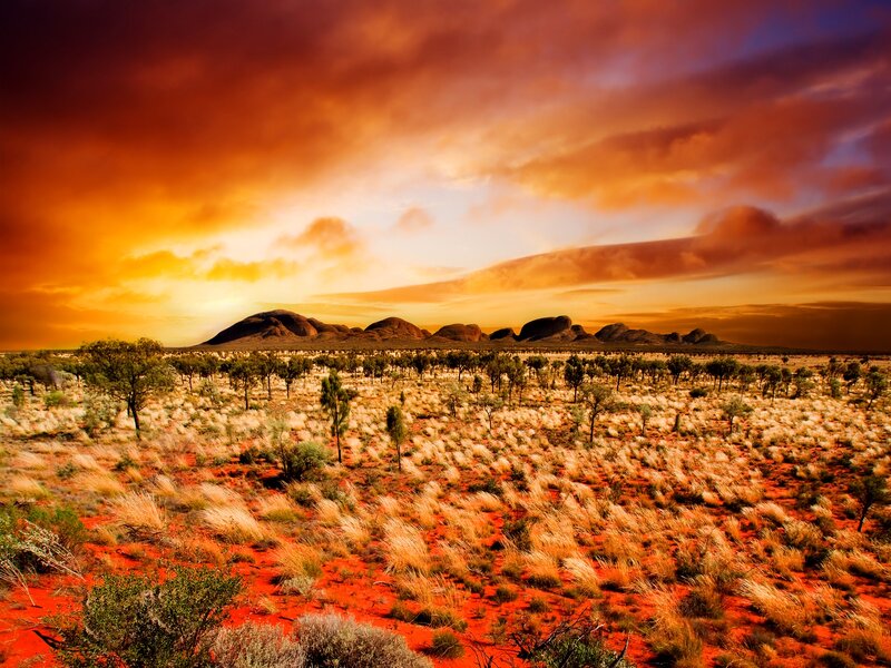 Red Desert Landscape — Orange, Dramatic, Sunset, Photograph, Mountains, Trees