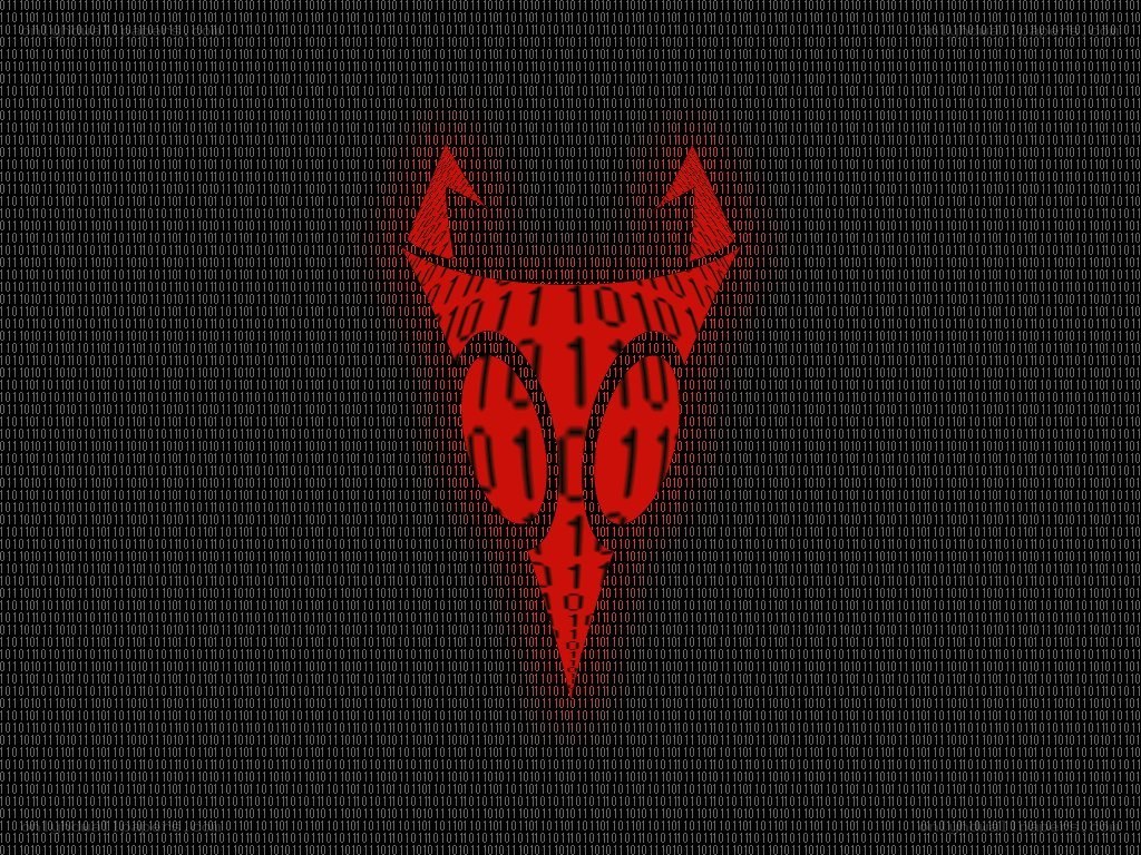 Red devil symbol on binary code