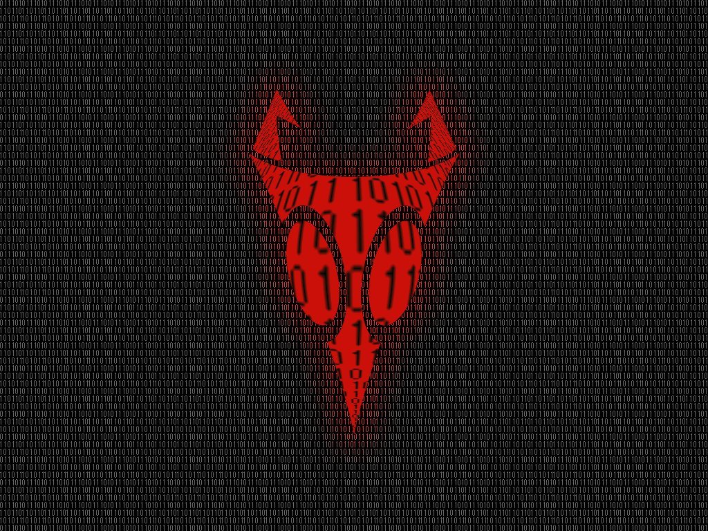 Red devil symbol on binary code