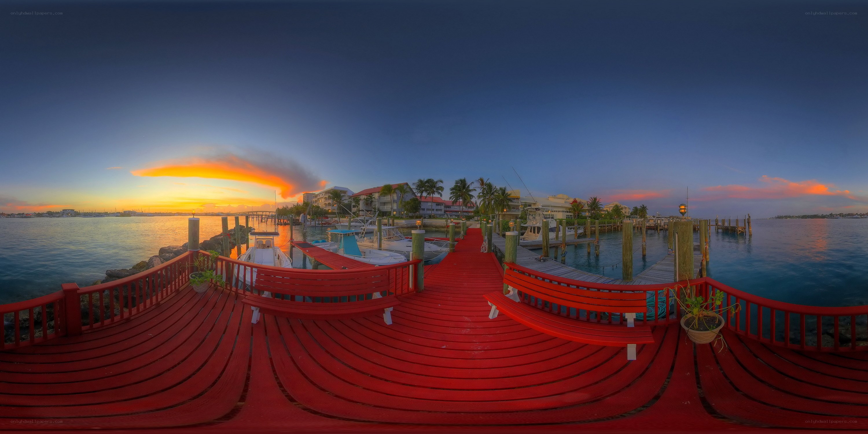 Red dock at sunset