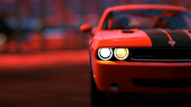 Red Dodge Challenger at night