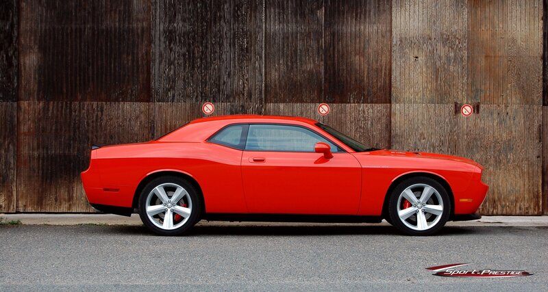 Red Dodge Challenger — Calm, Afternoon, Photograph, Car, Wooden Wall