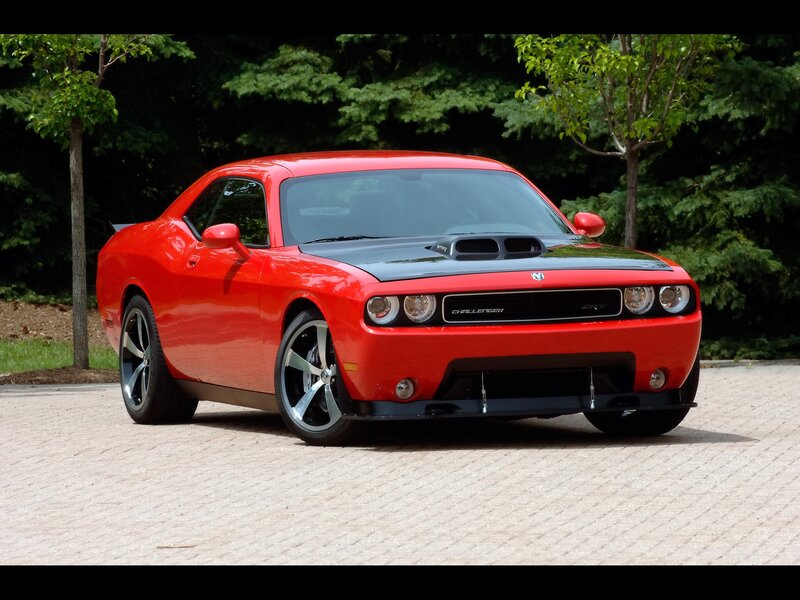 Red Dodge Challenger — Calm, Afternoon, Photograph, Trees, Pavement, Car, Black