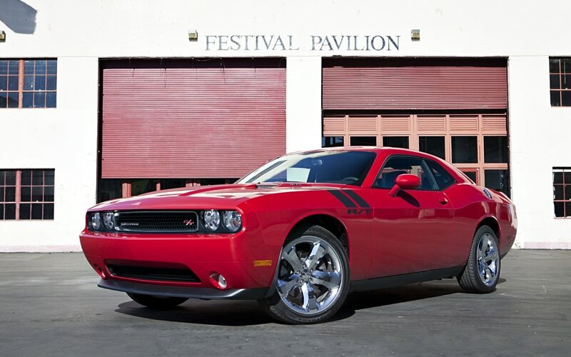 Red Dodge Challenger — Dramatic, Afternoon, Photograph, Building