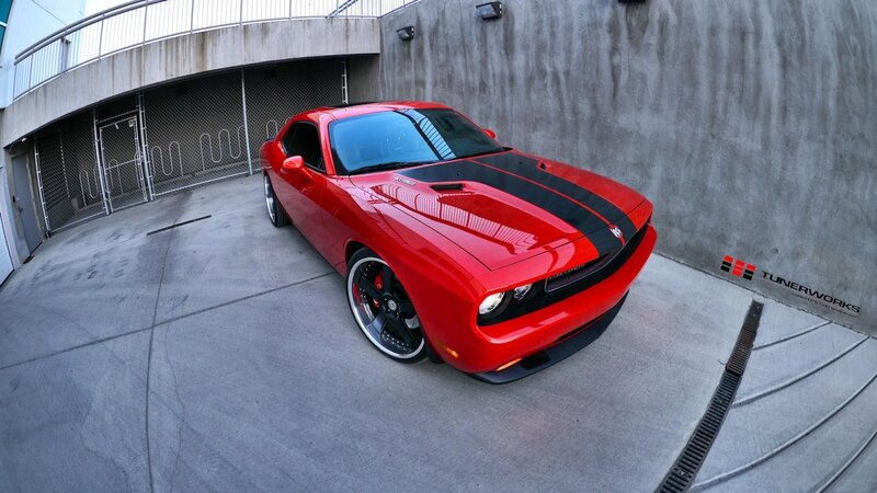 Red Dodge Challenger — Dramatic, Afternoon, Photograph, Car, Concrete Wall