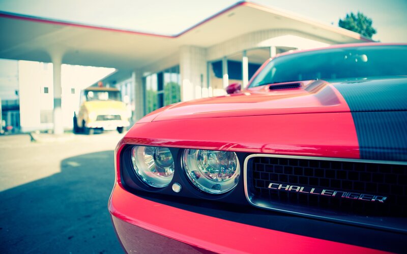 Red Dodge Challenger — Dramatic, Afternoon, Photograph, Gas Station, Car