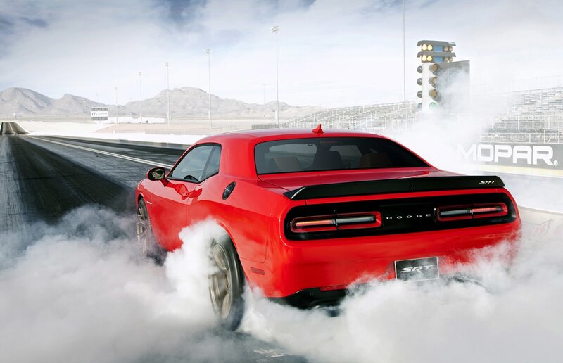 Red Dodge Challenger — Dramatic, Afternoon, Photograph, Race Track, Smoke