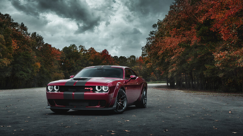 Red Dodge Challenger — Dramatic, Autumn, Photograph, Car