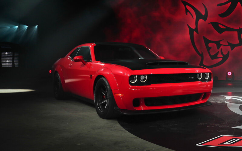 Red Dodge Challenger — Dramatic, Night, Photograph, Car, Logo