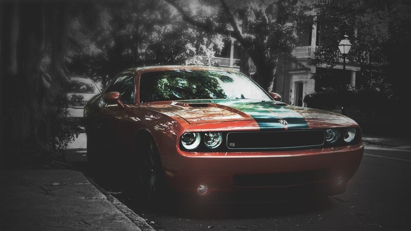 Red Dodge Challenger — Dramatic, Night, Photograph, Car