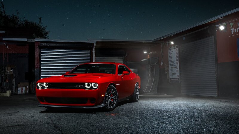 Red Dodge Challenger — Dramatic, Night, Photograph, Garage, Starry Sky