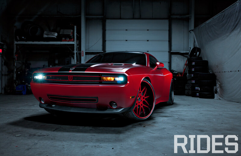 Red Dodge Challenger — Dramatic, Night, Photograph, Tires