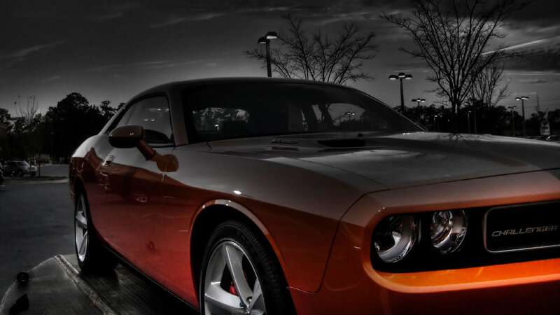 Red Dodge Challenger — Dramatic, Night