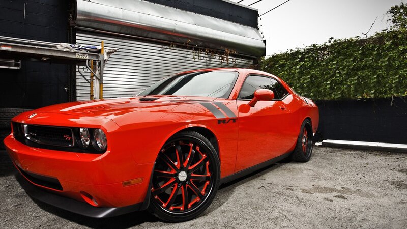 Red Dodge Challenger — Dramatic, Photograph, Car, Garage Door, Hedge
