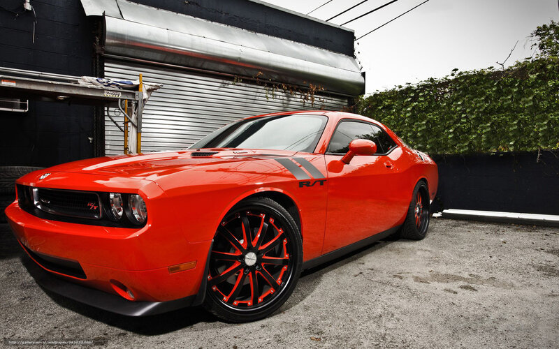 Red Dodge Challenger — Dramatic, Photograph, Car, Garage Door