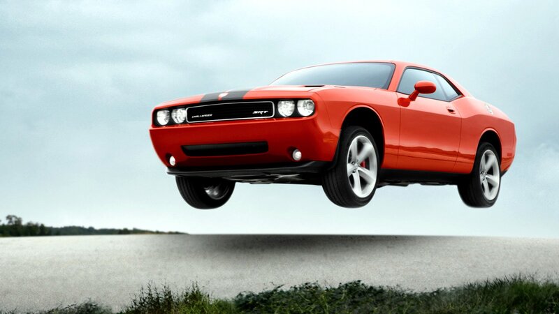 Red Dodge Challenger — Dramatic, Photograph, Car, Road, Sky, Gray, Green