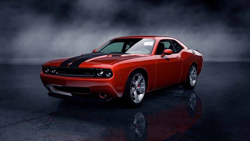Red Dodge Challenger — Dramatic, Photograph, Car, Smoke, Reflection, Black